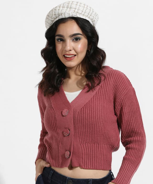 Blush Pink Solid Ribbed Cropped Cardigan