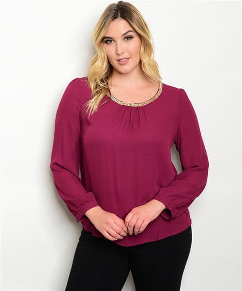 Plus Size Burgundy Long Sleeve Top Chain Neck