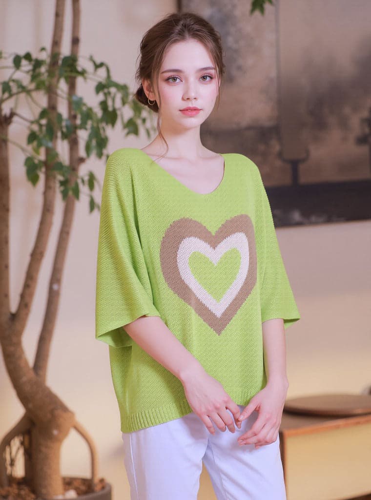 Lime Green Heart Design Knit Top V-neck Dolman