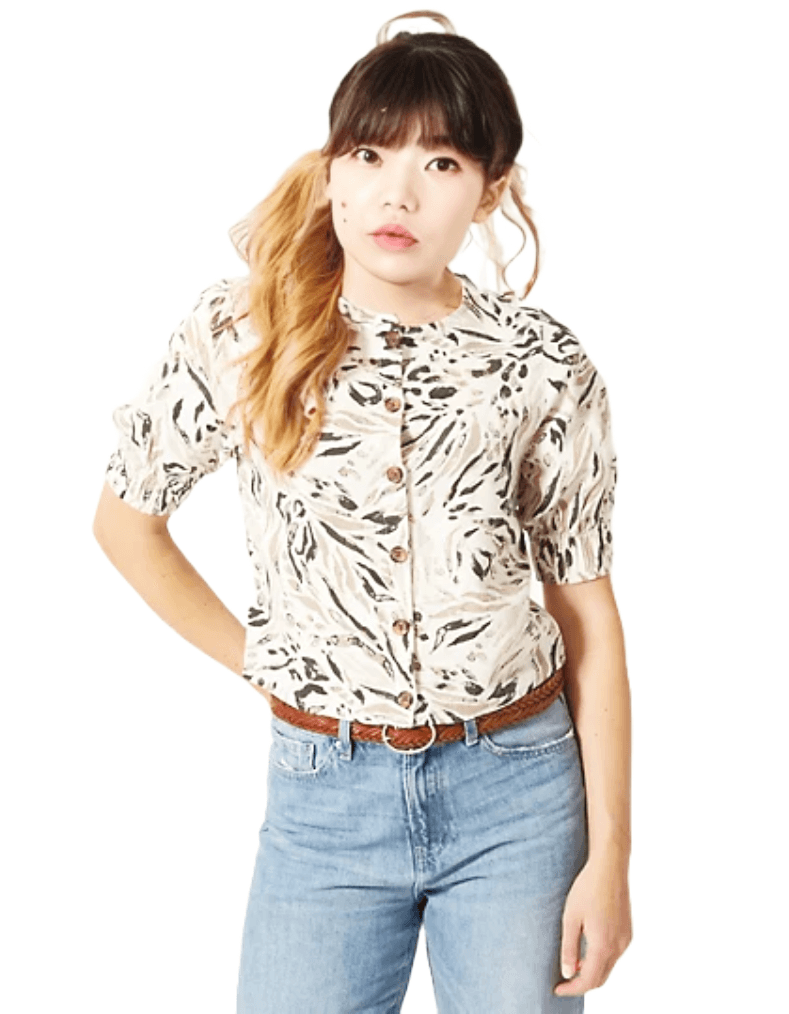 Linen Rich Animal Print Button Front Blouse
