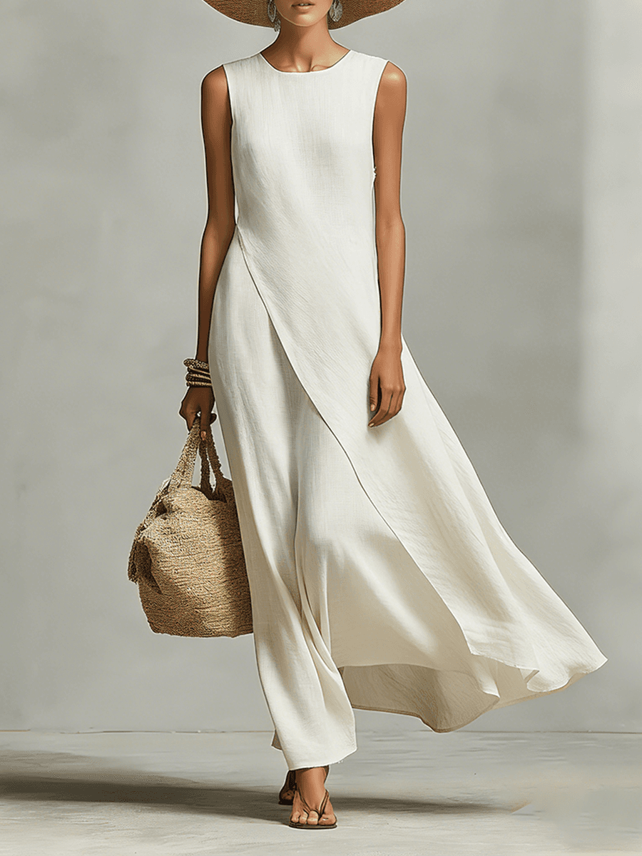 Ivory Breathable Linen Dress With Sleeveless Detail Asymmetric