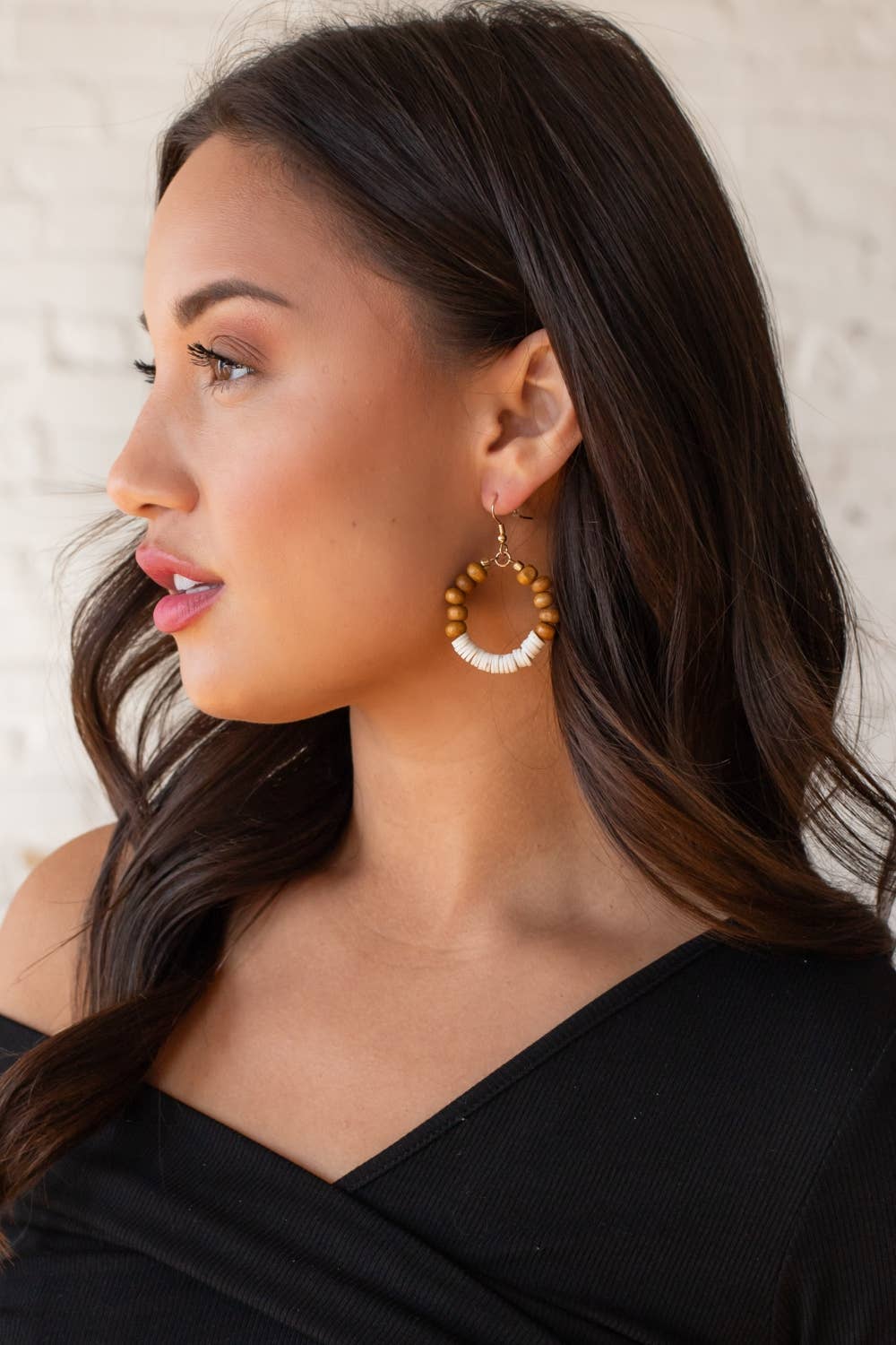 Ivory Brown Beaded Hoop Earrings
