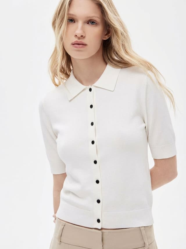 Cream Knit Polo Top