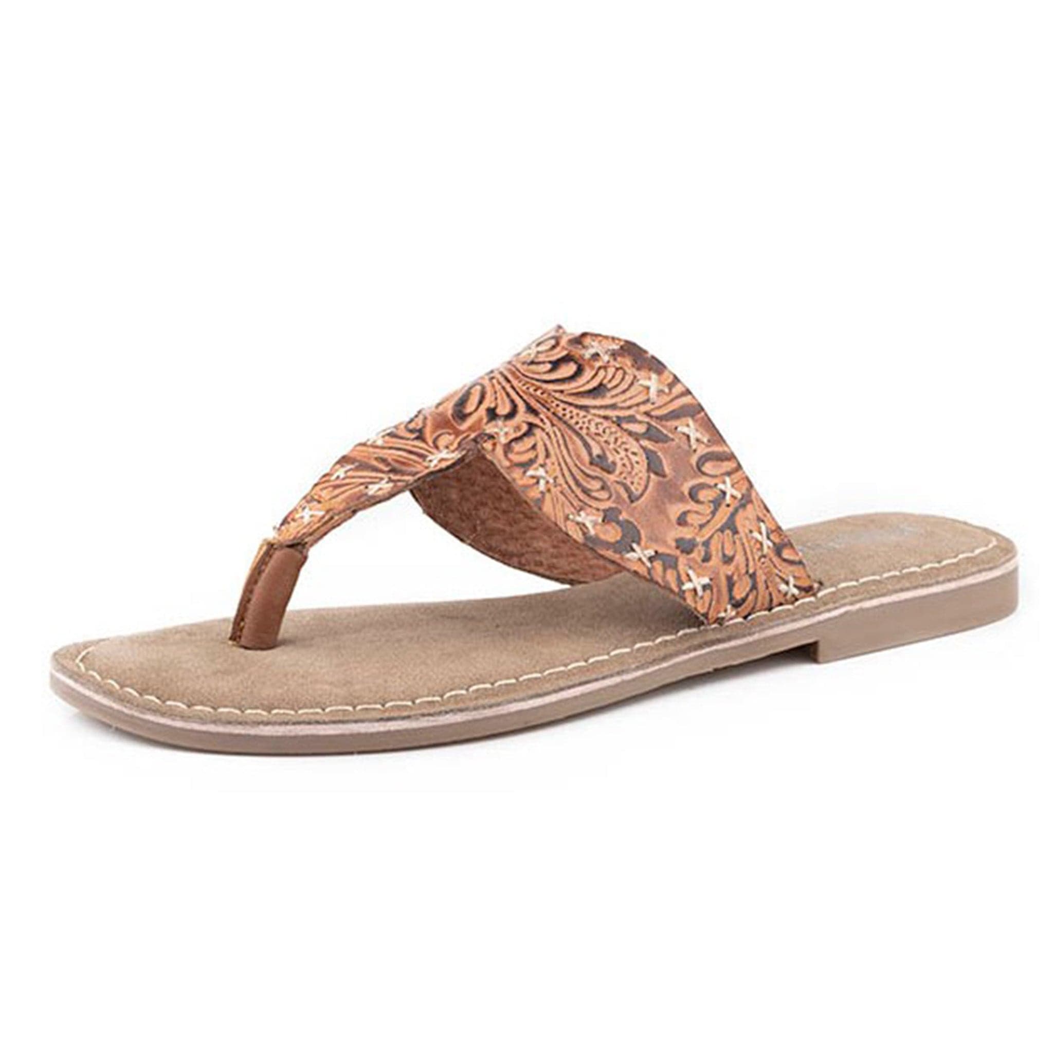 Roper Tan Floral Leather Flat Sandals