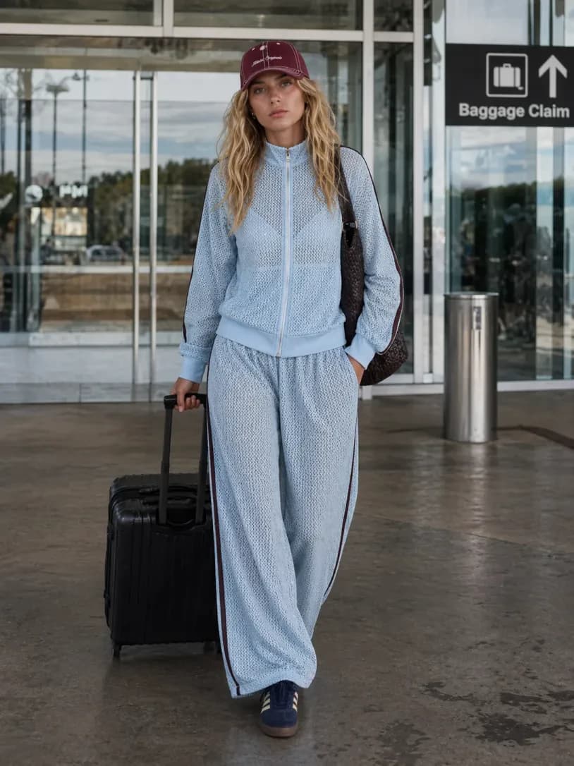 Effortless Airport Style featuring a baby blue crochet track set, navy sneakers, and burgundy cap