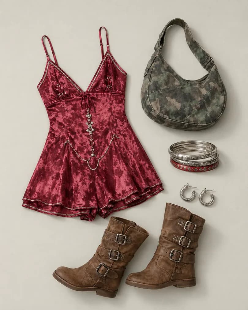 Skort Court Appearance festival outfit flatlay with Light Before Dark Eli Skort Romper, Taupe Tales Buckle Boots, Penny Camo Sling Bag, Red & Etched Bangles 3-Pack, Etched Mini Hoop Earrings