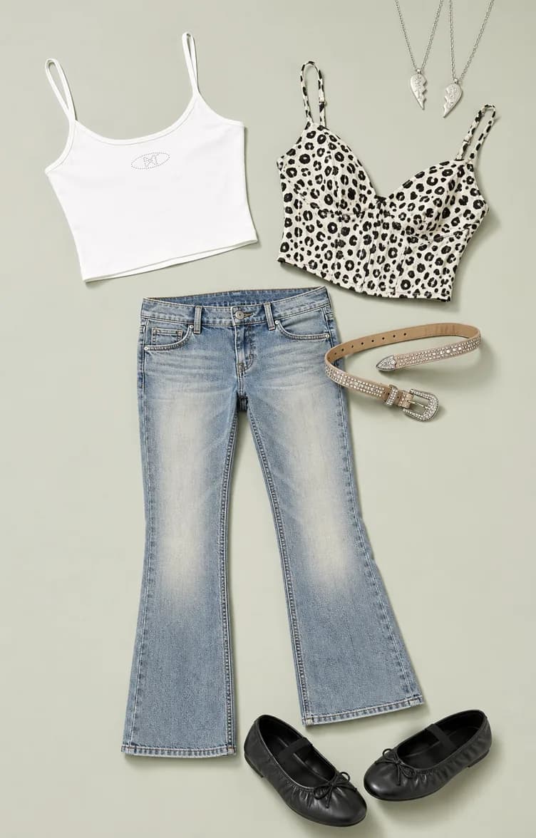 Bootcut Breakup Jeans going out outfit flatlay with light bootcut jeans, white cami, Dalmatian corset top, black ballet flats, rhinestone belt, and broken-heart necklaces