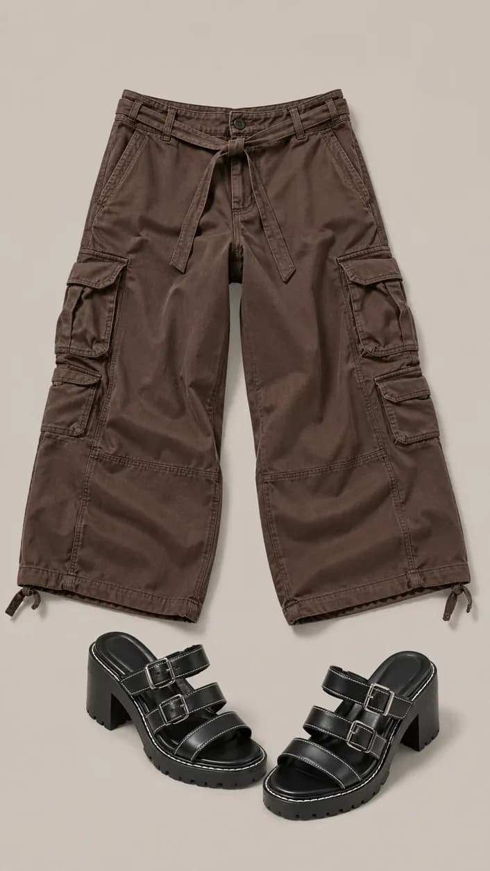 Jadzia Sandal Cargo Theory going out outfit flatlay with brown cropped cargo trousers and black strapped heeled sandals