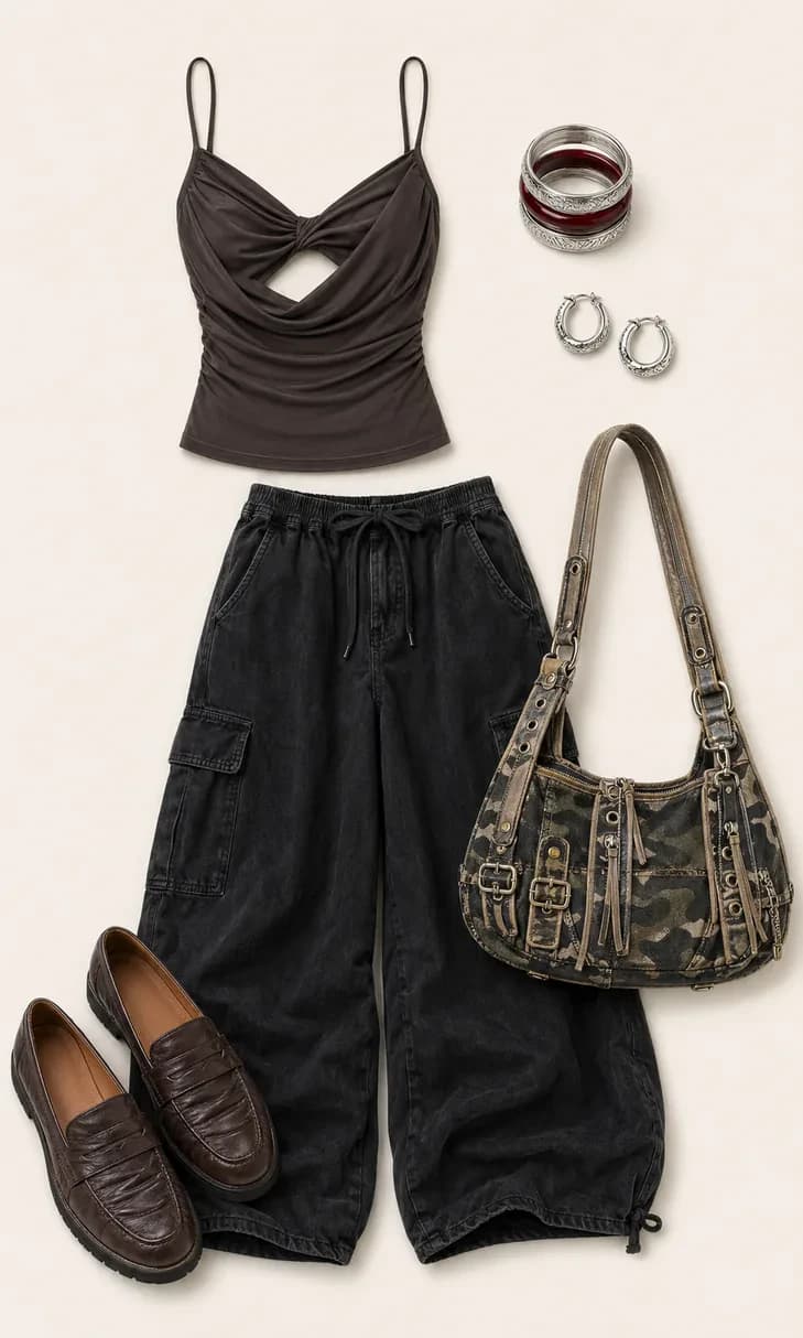 Katrina Cowl Snack Run going out outfit flatlay with Katrina Cowl Neck Cami, Textured Baggy Boi Trousers, Red & Etched Bangles 3-Pack, Mixed Media Canvas Shoulder Bag, Brown Wren Ruched Leather Loafers, Etched Mini Hoop