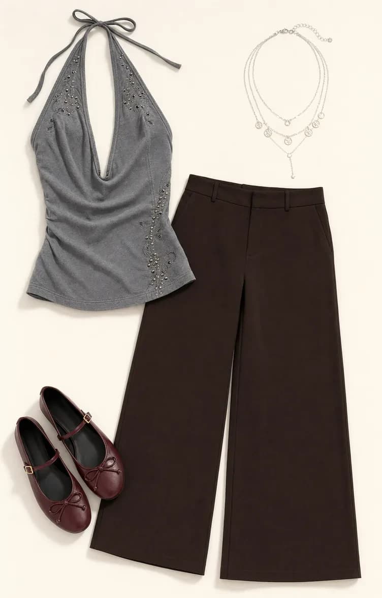 Studded Halter Door List going out outfit flatlay with grey studded halter top, dark wide-leg trousers, burgundy ballet flats, and silver circle necklace