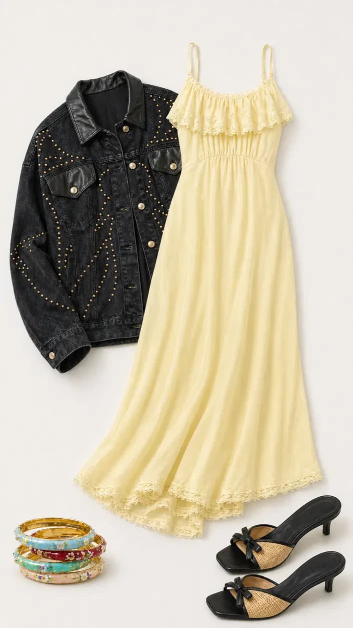 Flounce With A Jacket graduation outfit flatlay with Arlia Lace Trim Flounce Maxi Dress, Ricki Studded Faux Leather Trim Oversized Denim Jacket, Jane Enameled Floral Bangle Bracelet, Footwear Porter Kitten Heel Sandal
