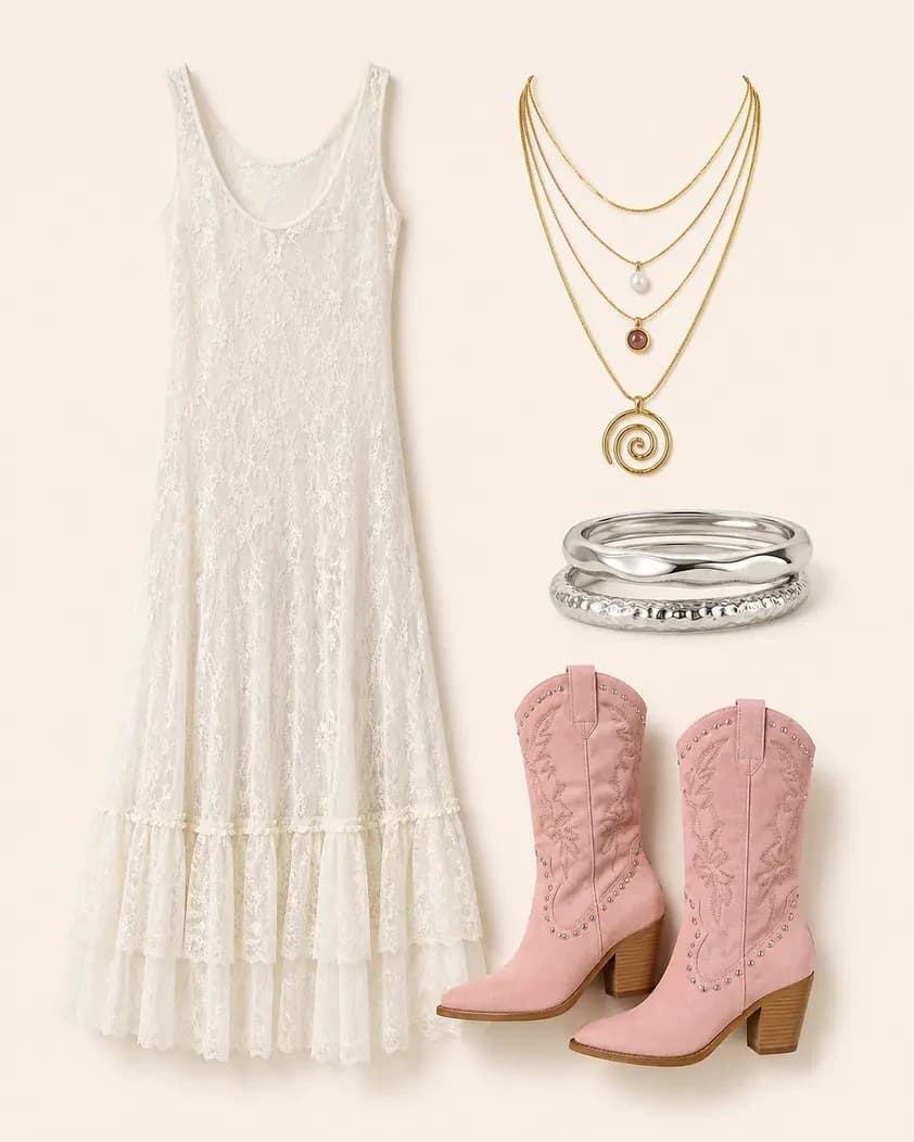 Ghost Gown Goes West graduation outfit flatlay with Like A Dream Sheer Lace Scoop Maxi Slip Dress, Beckett Studded Suede Cowboy Boots, Saturn Swirl Layering Necklace Stack, Venice Bangle Bracelets Set