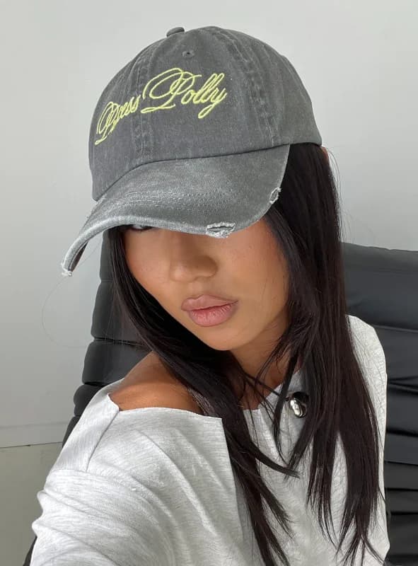 Baseball Cap Off Duty Distressed Cap Grey Yellow by Princess Polly