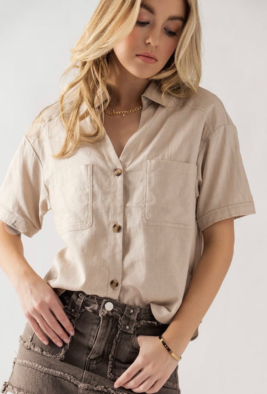 Lin, Button Down Linen Shirt, Ivory Or Beige by Trend:notes