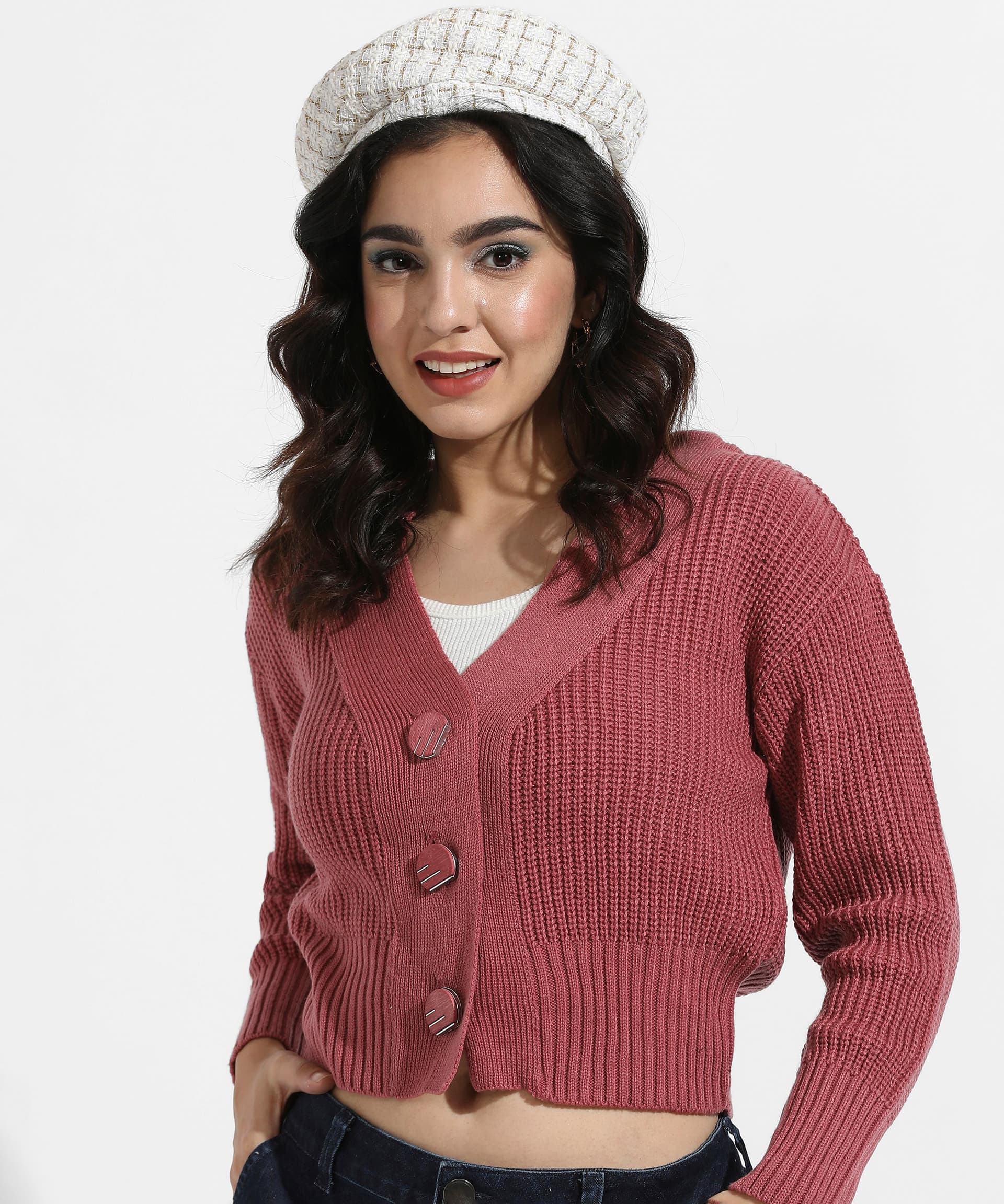 Blush Pink Solid Ribbed Cropped Cardigan by Campus Sutra