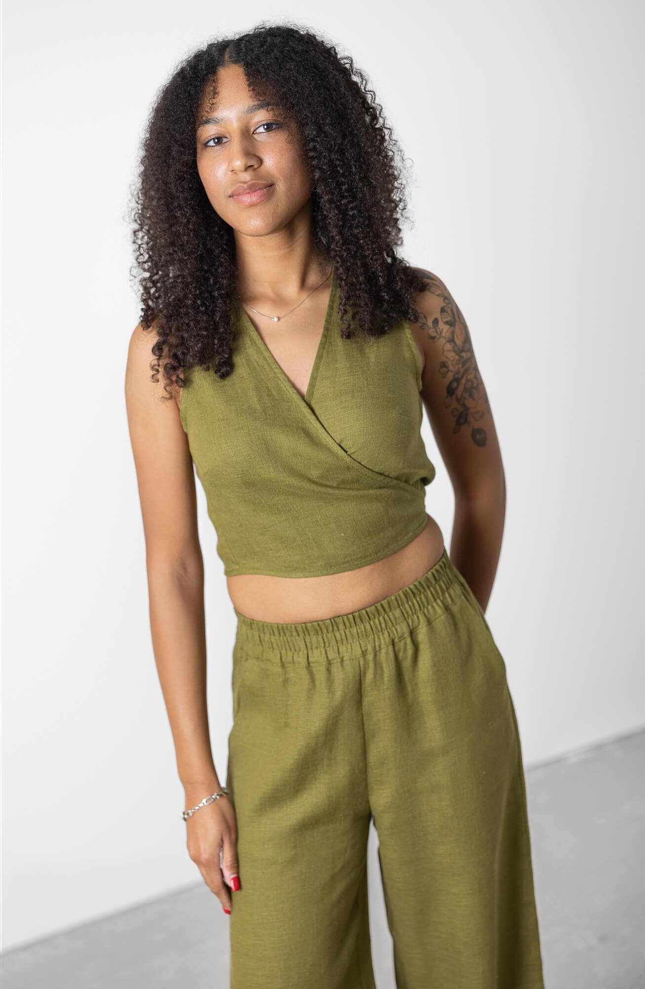 Olive Green Linen Wrap Crop Top For Perugia by MinimalisticLinen