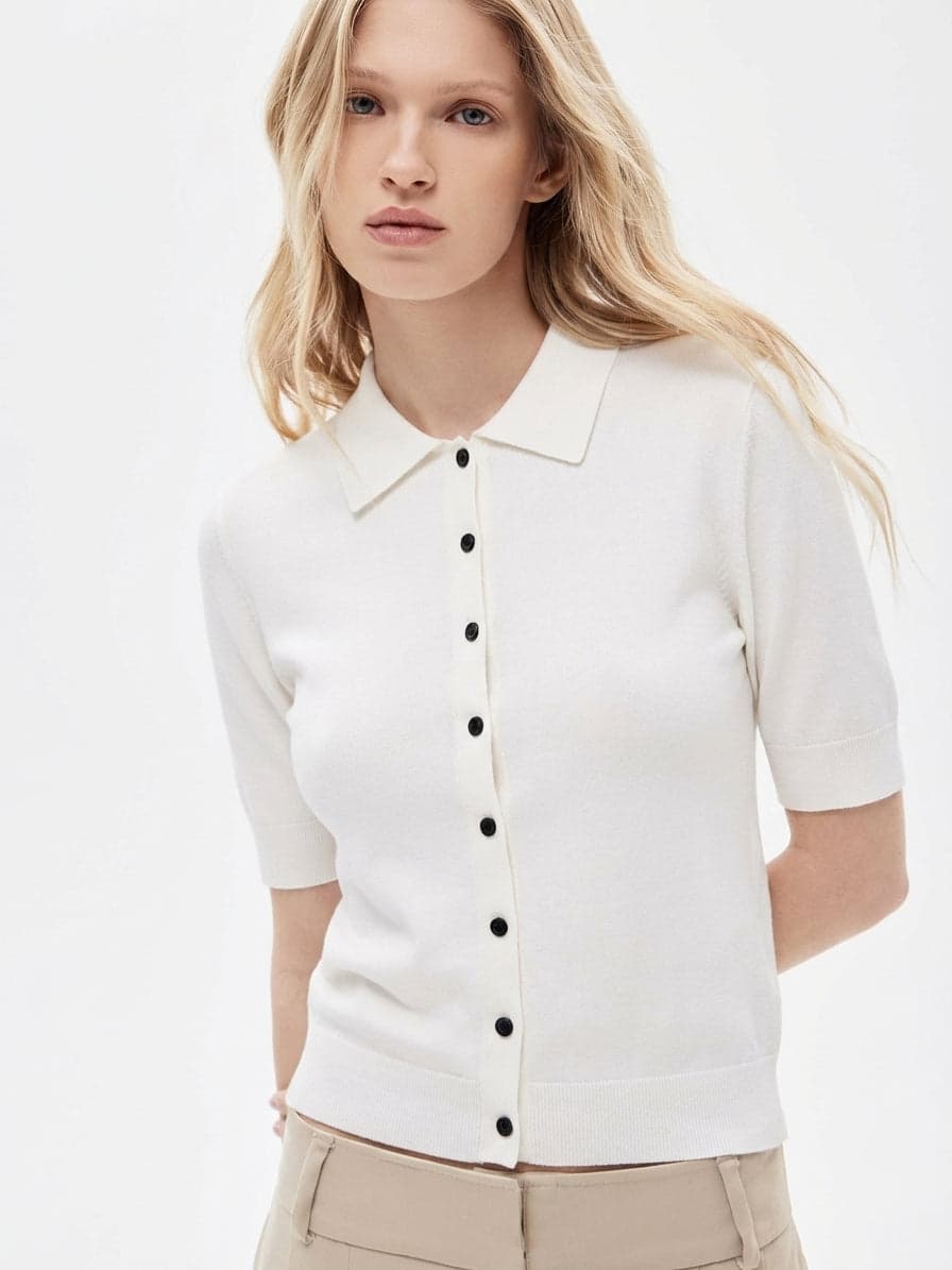 Cream Knit Polo Top